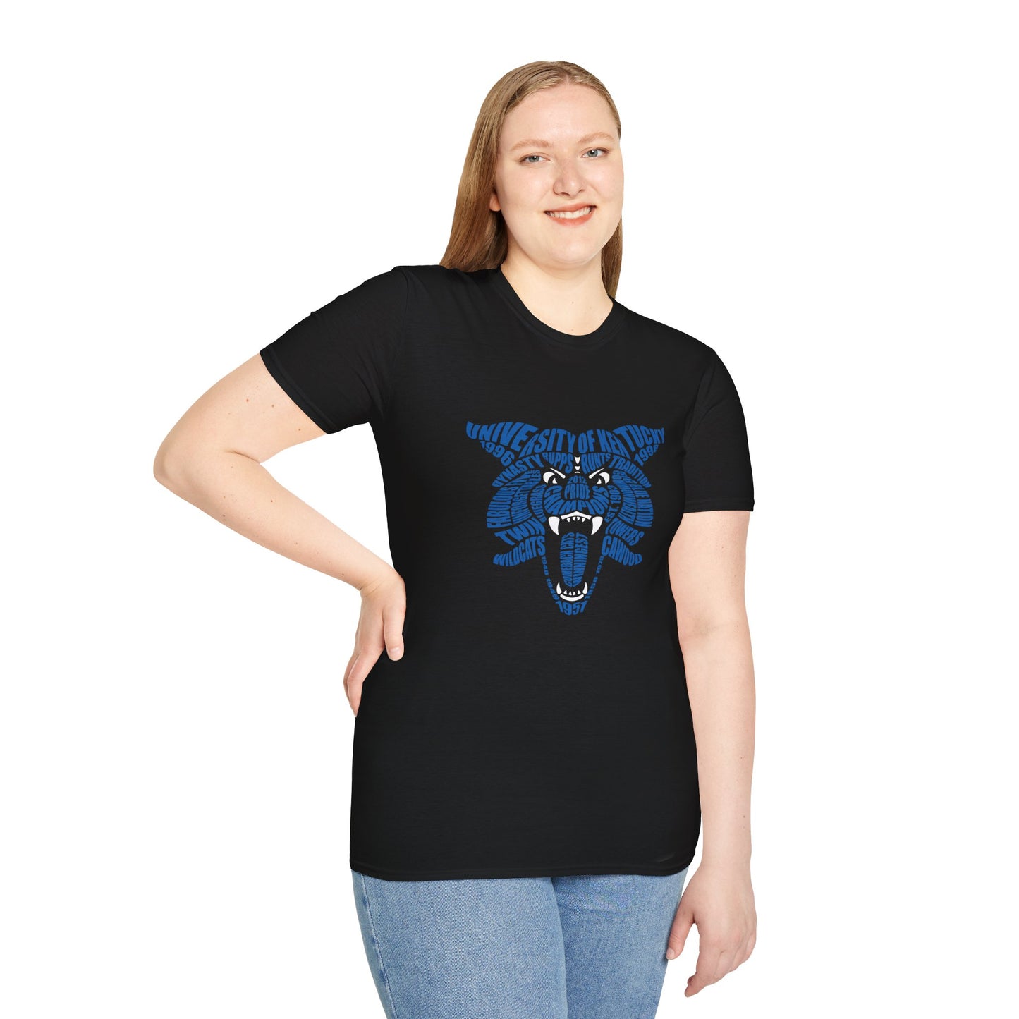 Blue on Black Word Cloud Cat Unisex Softstyle T-Shirt