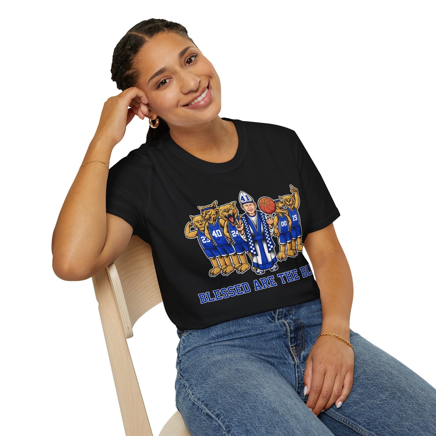 Blessed are the Blue! Coach and CATS -- white, black and gray unisex soft-style t-shirt