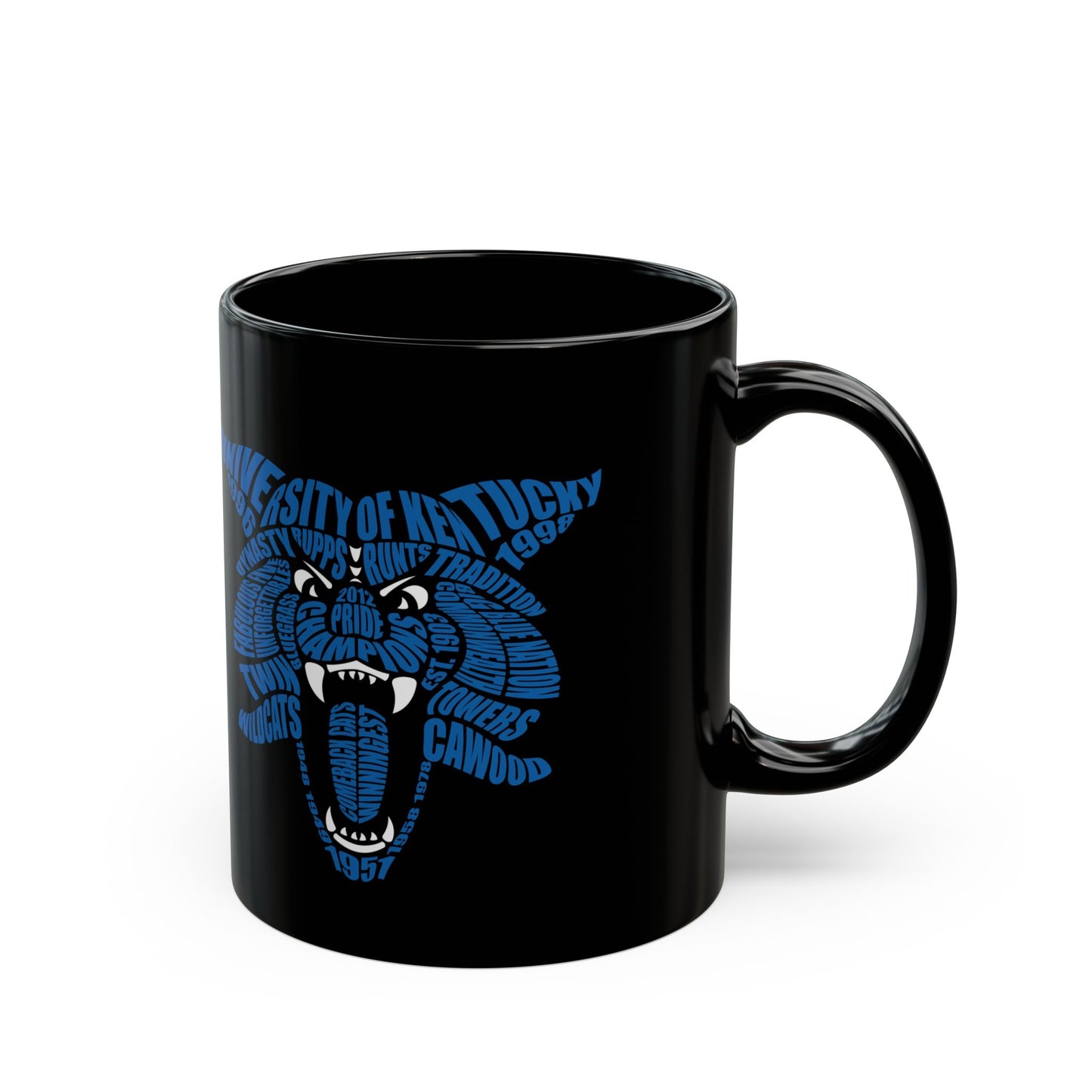 Blue Word Cloud Cat on Black Mug (11oz, 15oz)