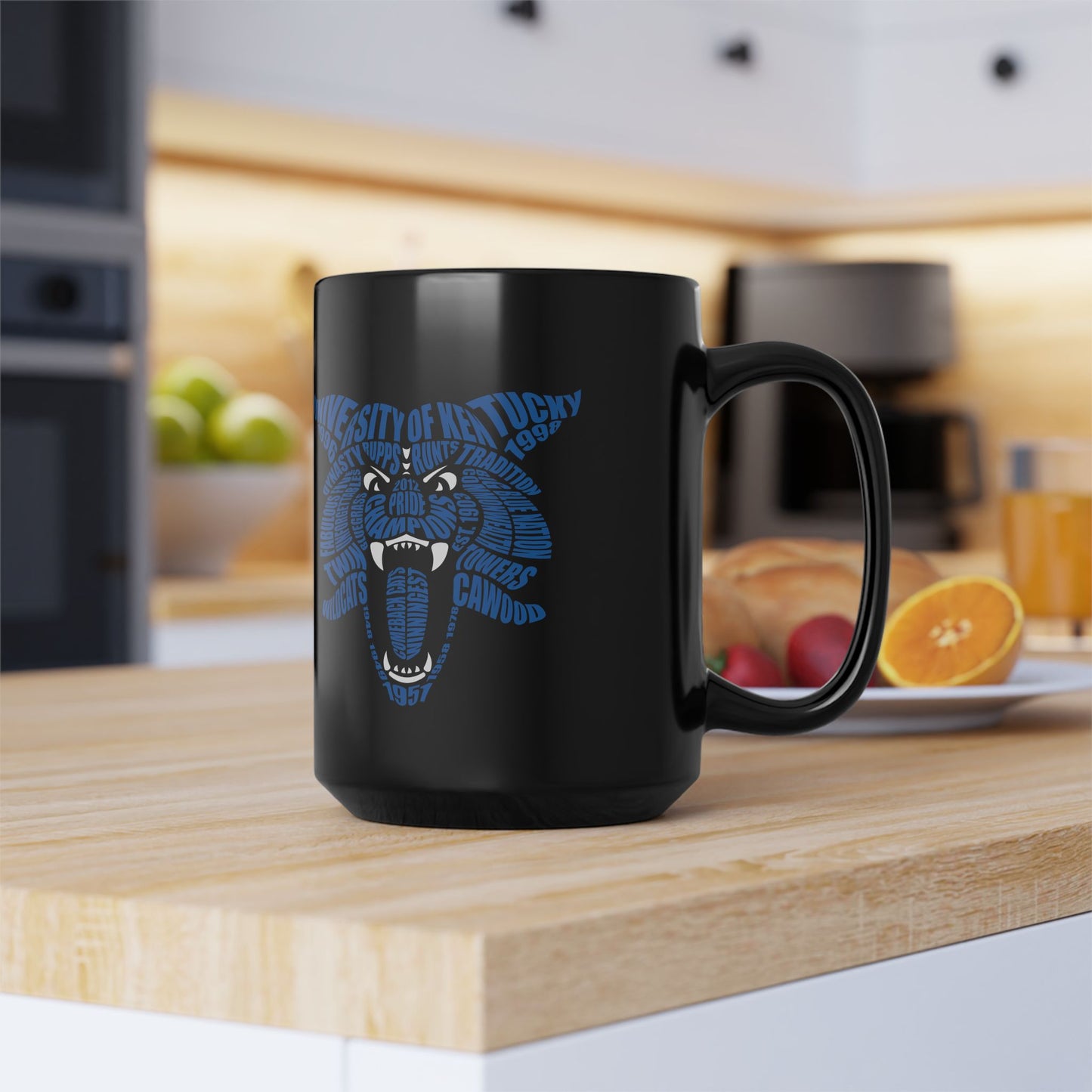 Blue Word Cloud Cat on Black Mug (11oz, 15oz)