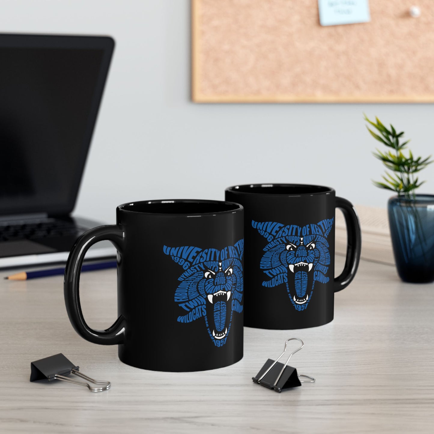 Blue Word Cloud Cat on Black Mug (11oz, 15oz)