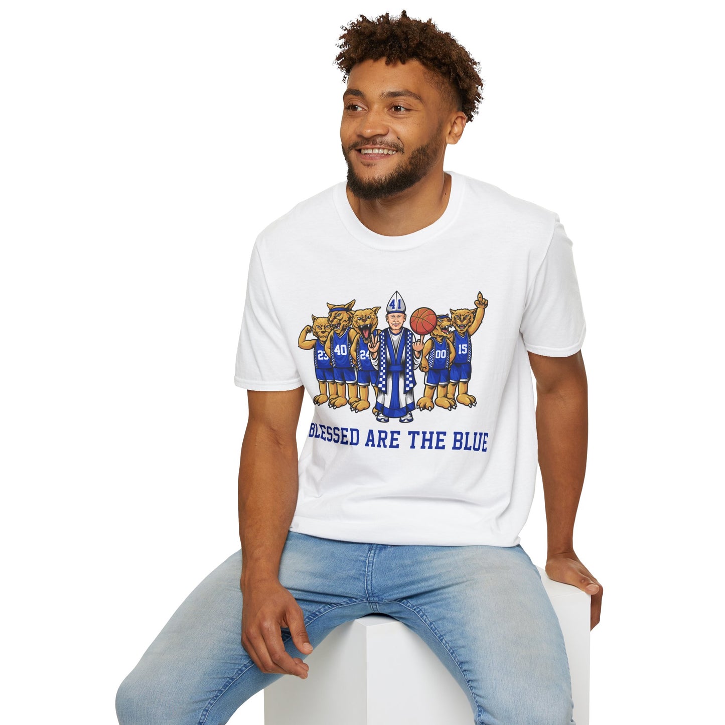 Blessed are the Blue! Coach and CATS -- white, black and gray unisex soft-style t-shirt