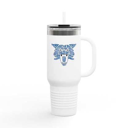 Blue on White Word Cloud Cat Insulated Travel Mug – 40oz, Perfect for Students & Fans