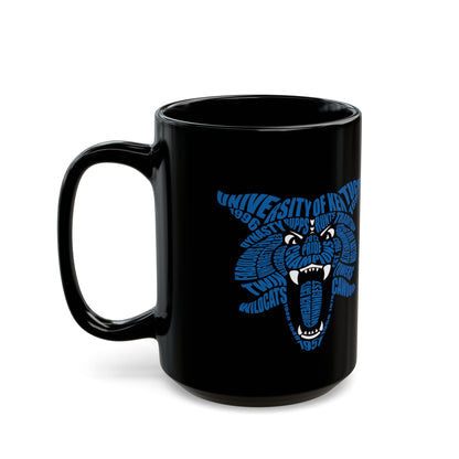 Blue Word Cloud Cat on Black Mug (11oz, 15oz)