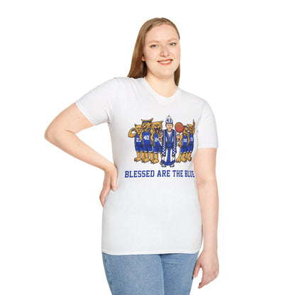 Blessed are the Blue! Coach and CATS -- white, black and gray unisex soft-style t-shirt