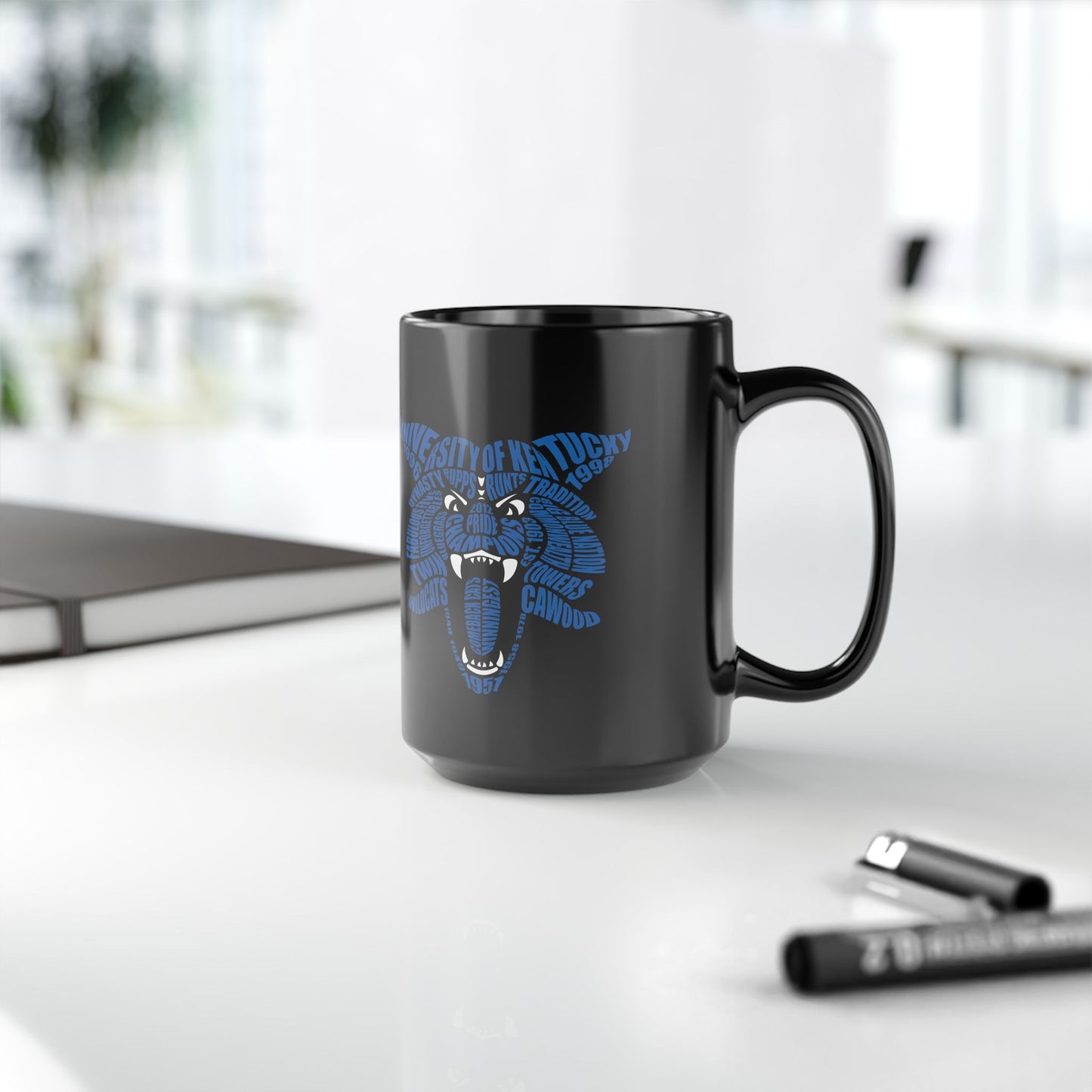 Blue Word Cloud Cat on Black Mug (11oz, 15oz)