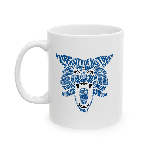 Blue Word Cloud Cat on White Ceramic Mug, (11oz, 15oz)