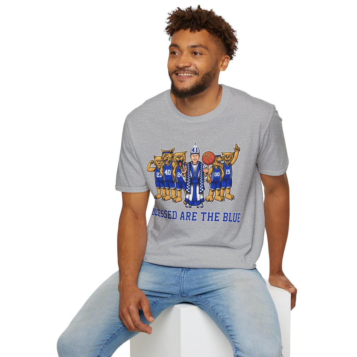 Blessed are the Blue! Coach and CATS -- white, black and gray unisex soft-style t-shirt