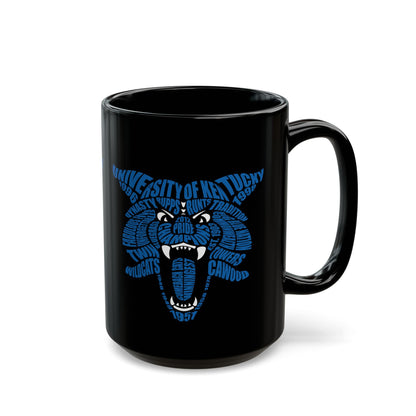 Blue Word Cloud Cat on Black Mug (11oz, 15oz)