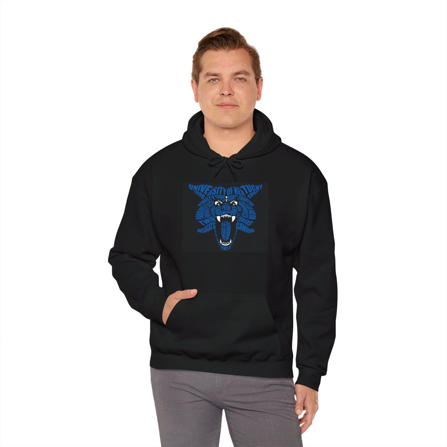 Blue on Black Word Cloud Cat Unisex Heavy Blend™ Hooded Sweatshirt