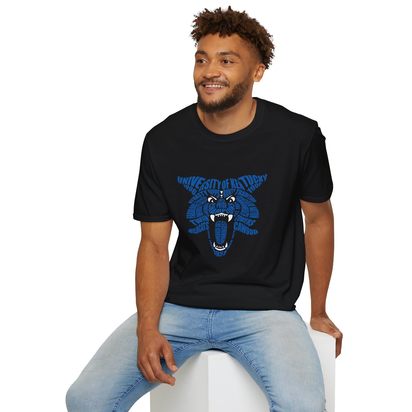 Blue on Black Word Cloud Cat Unisex Softstyle T-Shirt