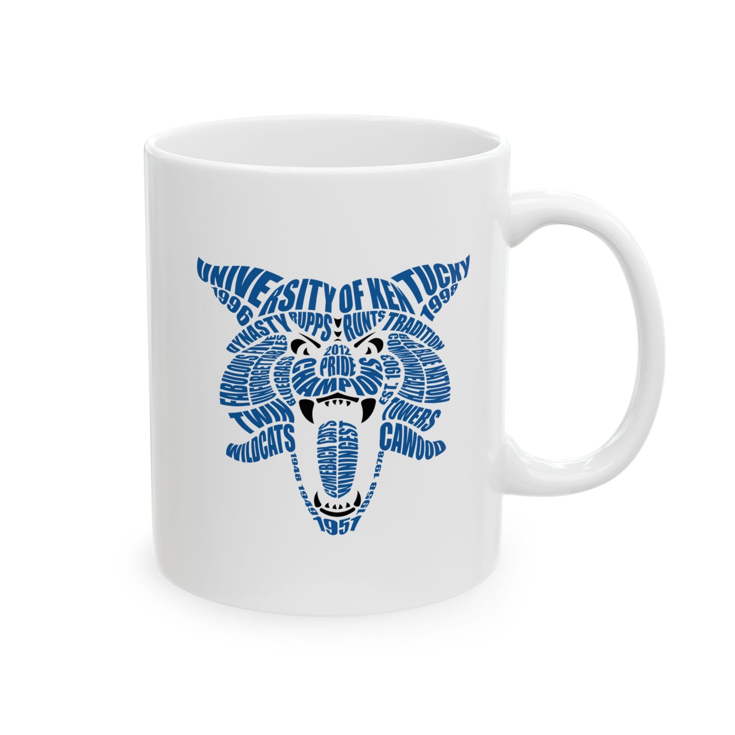 Blue Word Cloud Cat on White Ceramic Mug, (11oz, 15oz)