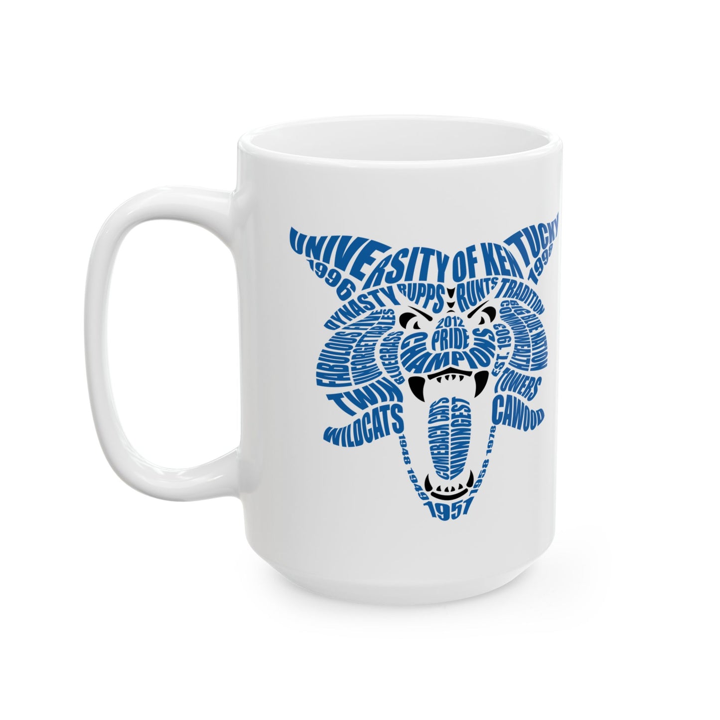 Blue Word Cloud Cat on White Ceramic Mug, (11oz, 15oz)