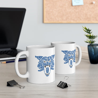 Blue Word Cloud Cat on White Ceramic Mug, (11oz, 15oz)