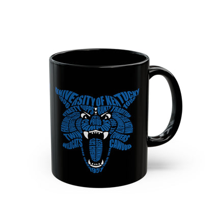 Blue Word Cloud Cat on Black Mug (11oz, 15oz)