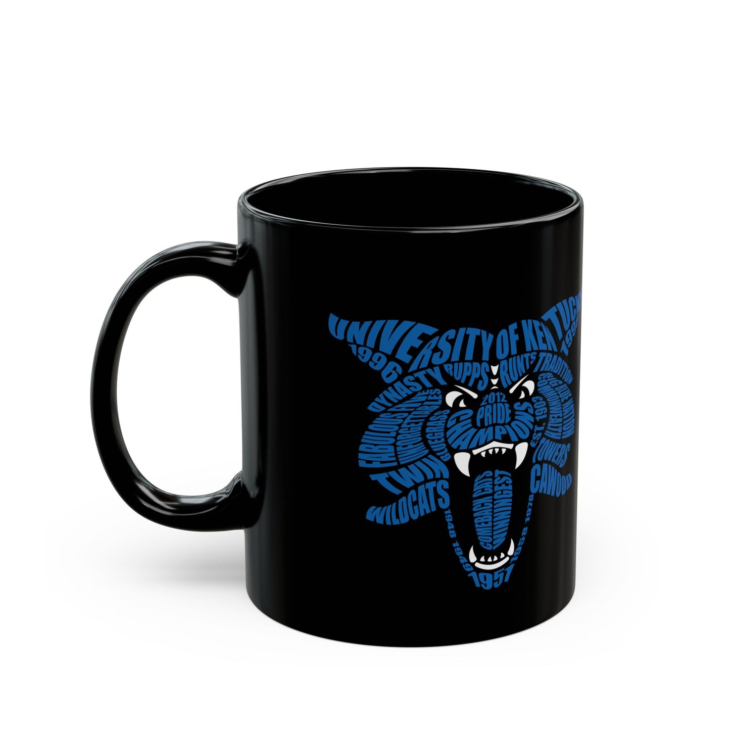 Blue Word Cloud Cat on Black Mug (11oz, 15oz)