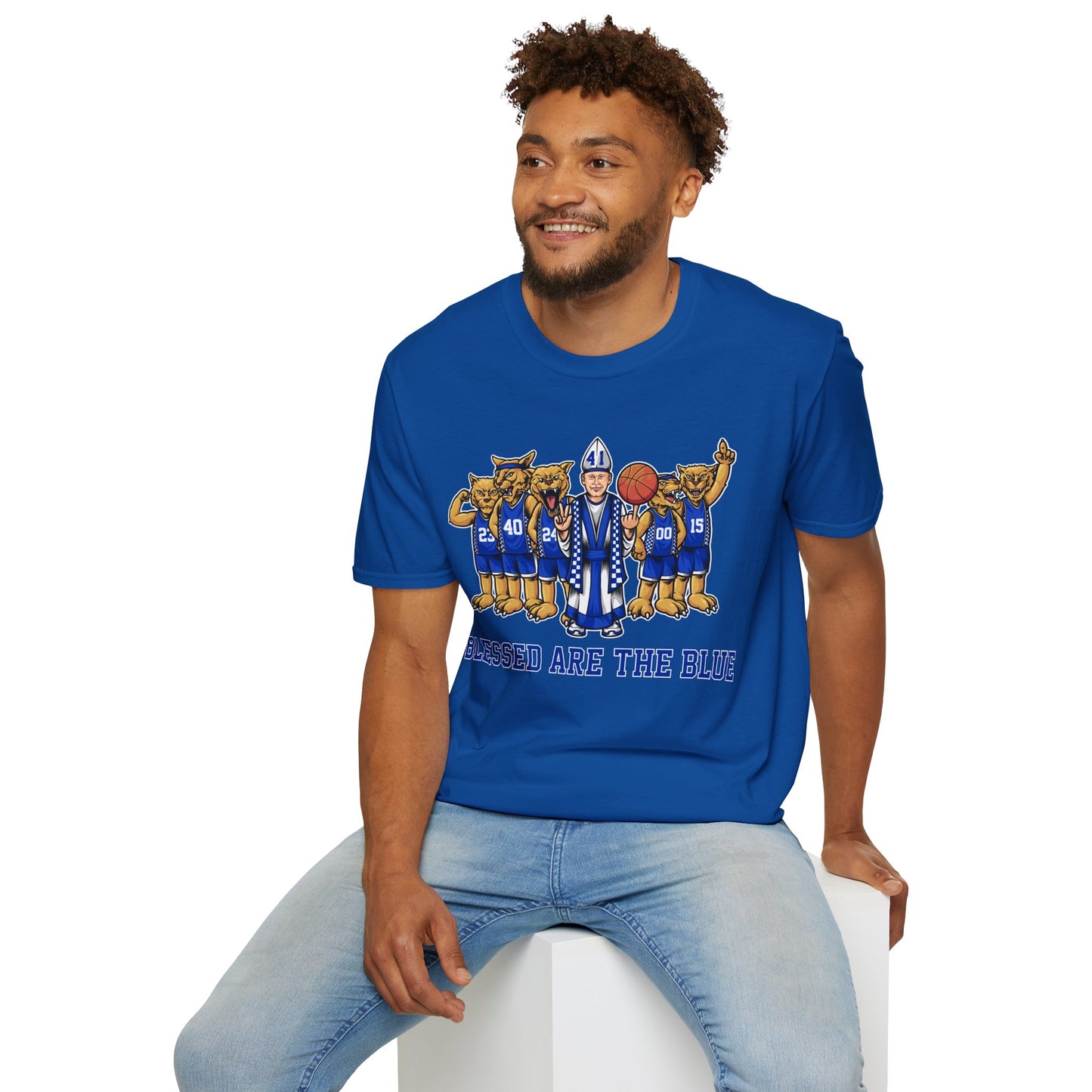 Blessed are the Blue! Coach and CATS -- white, black and gray unisex soft-style t-shirt