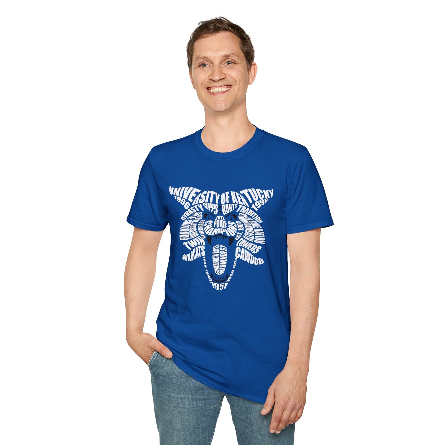 Blue and White Word Cloud Cat Unisex Softstyle T-Shirt